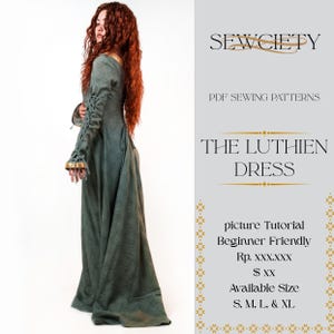 Patrón de costura del vestido Luthien en PDF, patrón de vestido medieval, vestido con corsé en la espalda, patrón de vestido de fantasía, vestido renacentista.