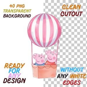 May include: A digital illustration of a pink and white striped hot air balloon with a peach-coloured basket containing two pink pig characters. The text reads 40 PNG TRANSPARENT BACKGROUND, CLEAN CUTOUT, READY FOR ANY DESIGN, WITHOUT ANY WHITE EDGES.