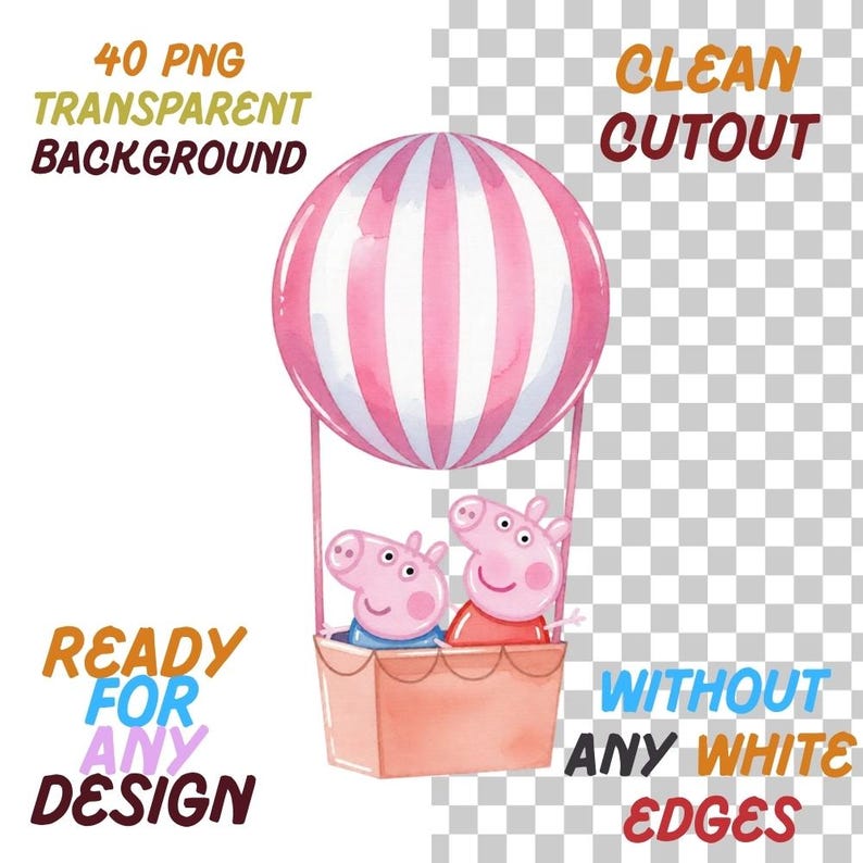May include: A digital illustration of a pink and white striped hot air balloon with a peach-coloured basket containing two pink pig characters. The text reads 40 PNG TRANSPARENT BACKGROUND, CLEAN CUTOUT, READY FOR ANY DESIGN, WITHOUT ANY WHITE EDGES.