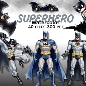 May include: A collection of watercolor illustrations featuring Batman in various poses, a black bat-themed vehicle, and the text "SUPERHERO Watercolor 40 FILES 300 PPI". The characters wear grey and blue suits with yellow utility belts and bat emblems.