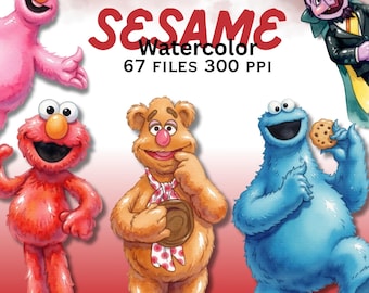 Sesamstraße Charaktere Aquarelle, Elmo PNG-Bundle, Straßenmonster Gesichter, PNG Clipart Elmo und sein Freund, Geburtstag Clipart