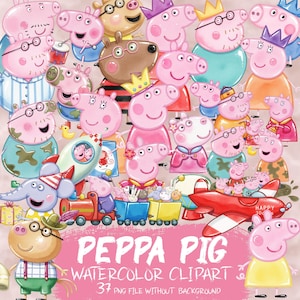 Può includere: Una collezione di clipart ad acquerello di Peppa Pig. L'immagine presenta diverse illustrazioni di maiali rosa con abiti e accessori diversi, oltre a un aereo rosso, un treno e un razzo. Testo: "PEPPA PIG WATERCOLOR CLIPART", 37 file PNG.
