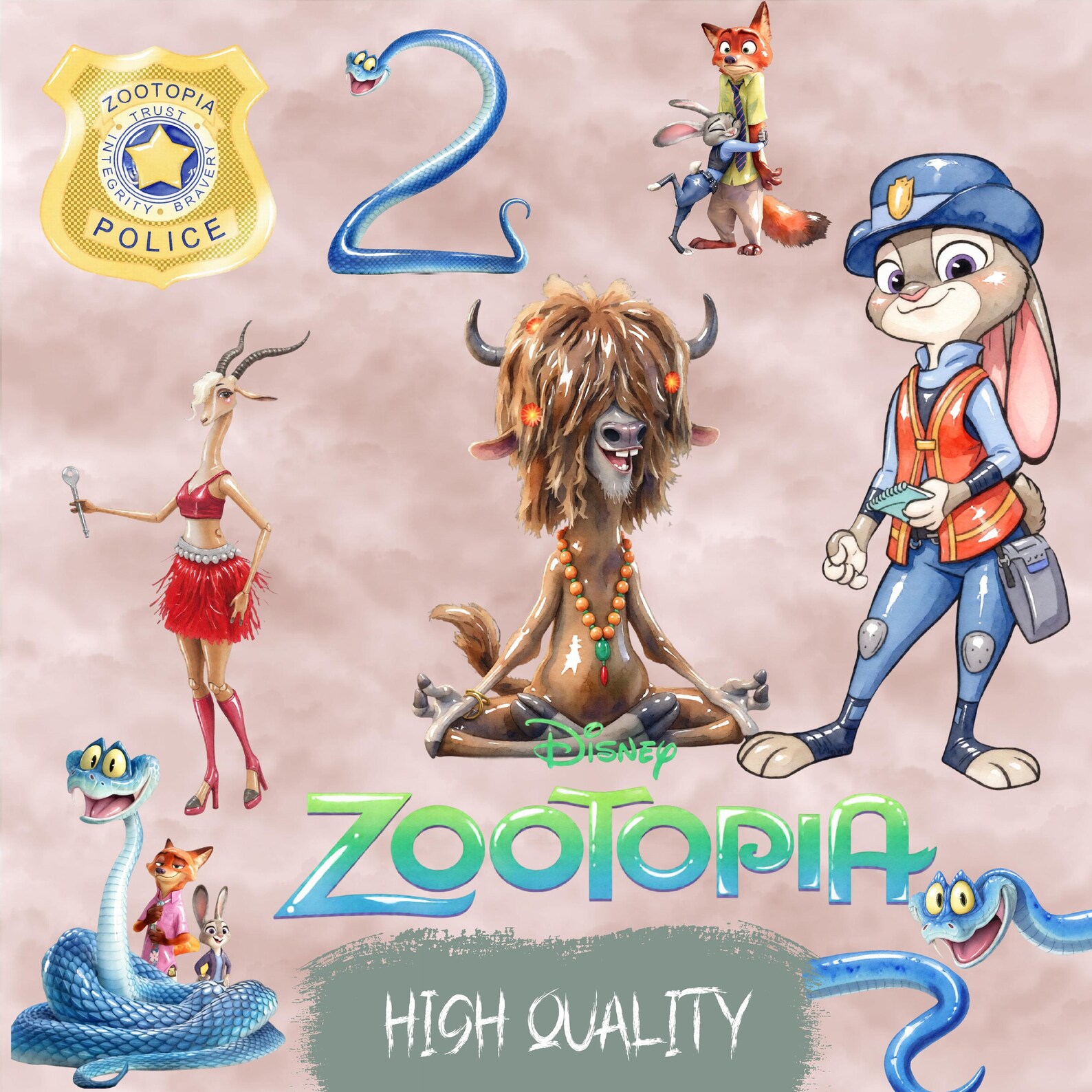 Zootopia 2 Watercolor PNG Bundle 50 Files, Judy Hopps Nick Wilde Flash ...