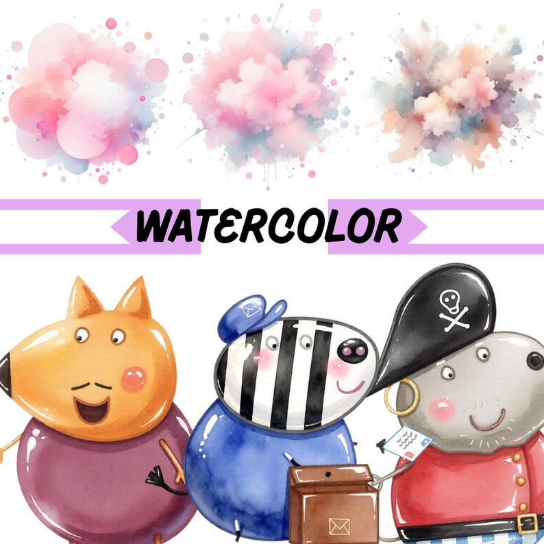 May include: A digital illustration featuring three cartoon characters: an orange fox-like figure in a purple shirt, a black and white striped zebra in a blue uniform with a mail bag, and a grey pirate with a skull hat. Above them are watercolour splashes.