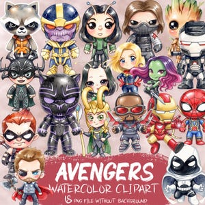 Puede incluir: Clipart de acuarela con varios personajes de los Vengadores en un estilo chibi. La colección incluye personajes como Rocket, Thanos, Black Panther y Spider-Man. El texto "AVENGERS WATERCOLOR CLIPART" se muestra en rojo.