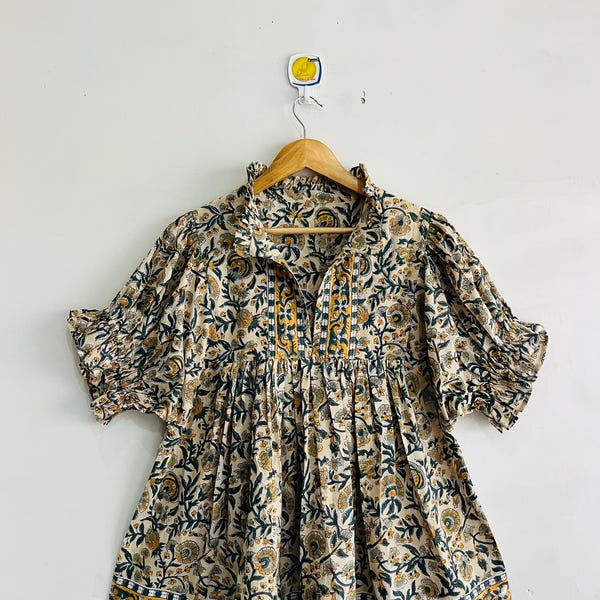 Blue Mustard Floral Block Print Cotton Blouse – V-Neck Summer Top