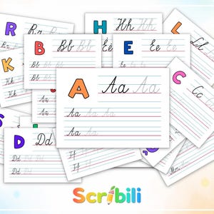 May include: A collection of white educational flashcards featuring the alphabet in both uppercase and lowercase print and cursive styles. Each card displays a large colorful letter and lined practice space. The word Scribili is at the bottom.
