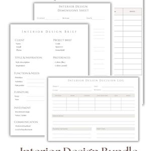 Afdrukbare bundel interieurontwerp | Tijdregistratie, klantoverzicht, afmetingenblad, logboek materiaalbeslissingen
