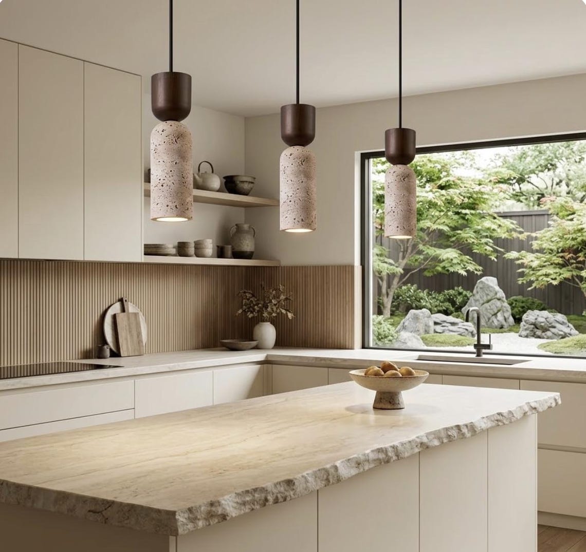 Wabi Sabi Travertine Pendant Light, Japandi Kitchen Island Lamp, French ...