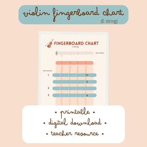 May include: A violin fingerboard chart for the E string, featuring a diagram of the finger positions. The chart includes the text "violin fingerboard chart" and "FINGERBOARD CHART". Additional text includes "printable", "digital download", and "teacher resource".
