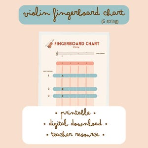 May include: A violin fingerboard chart with the text "violin fingerboard chart (G string)". The chart displays the finger positions for the G string, with the text "FINGERBOARD CHART & String". The chart is a printable digital download and a teacher resource.