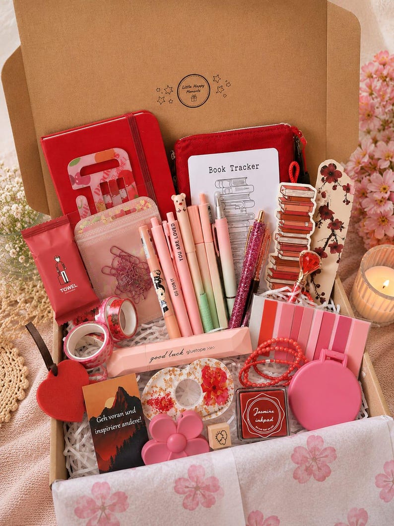 May include: A gift box containing a red notebook, a red pouch, a book tracker card, pens, a stack of books bookmark, a floral bookmark, pink washi tape, a heart ornament, a card with German text, a flower-shaped object, and a pink inkpad.