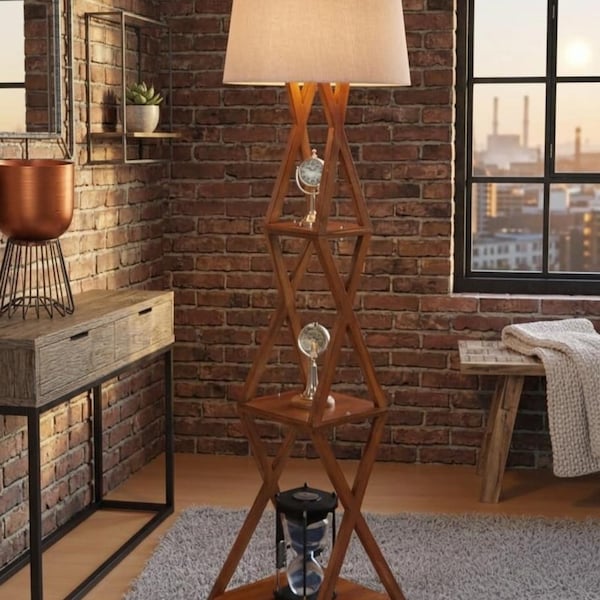Moderne Holzstehlampe mit Aufbewahrungsregalen - Geometrische Kreuzrahmen-Stehleuchte (Lampenschirm nicht enthalten)