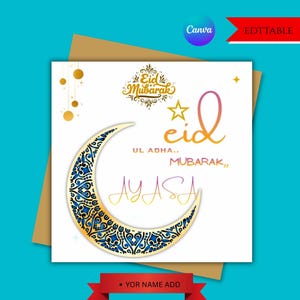 Puede incluir: Una tarjeta de felicitación con un diseño de media luna y las palabras "Eid Mubarak" en oro y morado. La tarjeta tiene un fondo blanco con un sobre marrón y está sobre un fondo turquesa. También está presente el texto "UL ADHA.. MUBARAK".