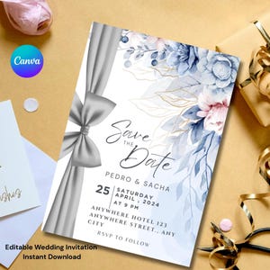 May include: A wedding invitation with a floral design in blue and pink hues, accented with gold details. The invitation features a gray ribbon and the text "Save the Date" with event details. The words "Editable Wedding Invitation" and "Instant Download" are also visible.