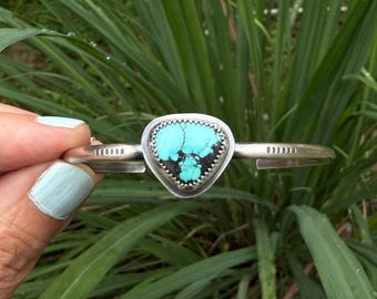 Handcrafted Sterling Silver Turquoise Cuff: Stamped Patina Finish