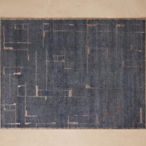 Modern Minimalist Hand-Knotted Wool Rug – Denim Blue & Birch Geometric Area Rug