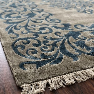 Hand Knotted Blue and Beige Area Rug - Traditional Medallion Damask Wool Carpet - Luxury Transitional Rug for Living Room, Bedroom, Dining