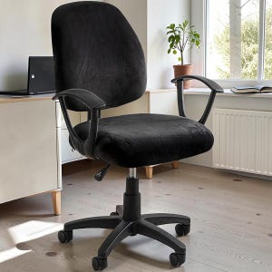 May include: Black office chair with a five-star base and rolling wheels. The chair has a padded seat, back, and armrests. The chair is height-adjustable and suitable for a home office or workspace.