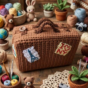 May include: A brown crocheted suitcase with embroidered travel patches, surrounded by crocheted items like a bunny, teddy bears, plants, and yarn. A miniature camera and globe are also present, all on a wooden surface.
