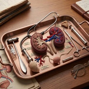 May include: A copper-colored tray displays medical tools and anatomical models, including a stethoscope, crochet kidney models, and surgical instruments. A small bottle labeled "NACL" sits near a reflex hammer. The scene is set on a wooden surface.