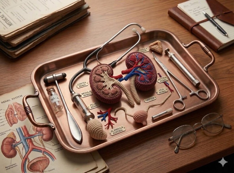 May include: A copper-colored tray displays medical tools and anatomical models, including a stethoscope, crochet kidney models, and surgical instruments. A small bottle labeled "NACL" sits near a reflex hammer. The scene is set on a wooden surface.