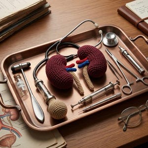 May include: A copper-colored tray holds medical tools and two crocheted kidney models. A stethoscope, syringes, and a reflex hammer are also present. Medical diagrams and a notebook with a pen are on the wooden surface.