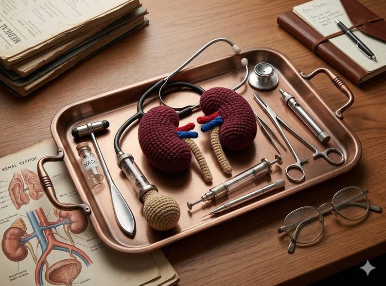 May include: A copper-colored tray holds medical tools and two crocheted kidney models. A stethoscope, syringes, and a reflex hammer are also present. Medical diagrams and a notebook with a pen are on the wooden surface.