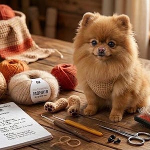 Pode incluir: Um cão Pomerânia marrom, com um suéter de crochê, está sentado em uma mesa de madeira cercado por fios, agulhas de crochê, tesouras e um caderno. A cena sugere um projeto de artesanato ou com tema de animais.