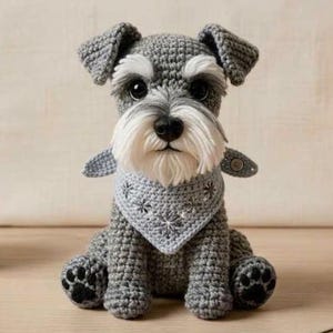 Pode incluir: Um cão schnauzer de croché cinzento com barba e sobrancelhas brancas, usando uma bandana triangular cinzenta clara com um pequeno padrão de estrelas bordadas. O cão de peluche tem olhos de plástico preto, nariz preto e almofadas pretas.