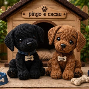 Pode incluir: Dois peluches de cão feitos em croché, um preto e outro castanho, sentados em frente a uma casota de madeira com a inscrição "pingo e cacau". Cada peluche usa uma coleira com uma etiqueta em forma de osso com "pingo" ou "cacau".