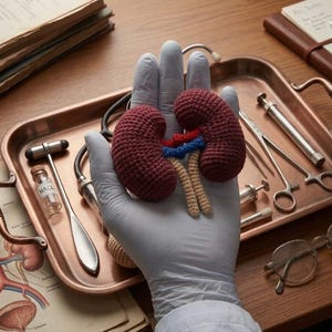 May include: A crocheted anatomical kidney model in maroon, blue, and beige, held in a gloved hand, displayed on a copper tray with medical tools and vintage documents. The scene evokes a medical or educational theme.