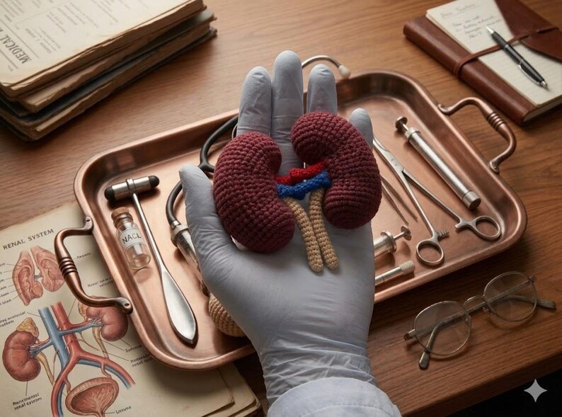 May include: A crocheted anatomical kidney model in maroon, blue, and beige, held in a gloved hand, displayed on a copper tray with medical tools and vintage documents. The scene evokes a medical or educational theme.