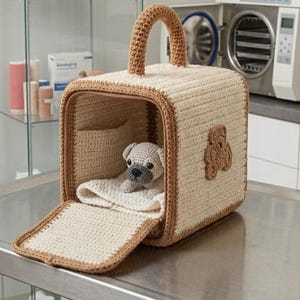 Pode incluir: Transportadora de animais de estimação de crochê em creme e marrom, com uma alça combinando e um pequeno pelúcia de pug no interior. A transportadora tem formato retangular com uma aba que se abre. Um pequeno cão de crochê está anexado.