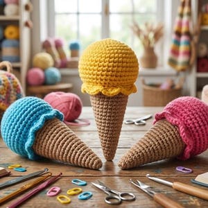Pode incluir: Três cones de sorvete de crochê com bolas amarelas, azuis e rosas estão em uma mesa de madeira. Agulhas de crochê, fios e materiais de artesanato circundam os cones. O fundo inclui prateleiras cheias de fios coloridos.