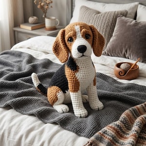 May include: A handmade crochet beagle dog with brown, black, and white details. The stuffed animal is sitting on a gray knitted blanket, with a bed and pillows in the background. The dog has large, expressive eyes.