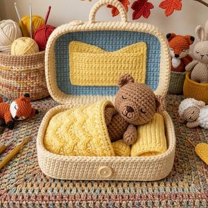 May include: A crocheted suitcase in cream, blue, and yellow holds a sleeping teddy bear with a yellow blanket and pillow. Other crocheted animals and yarn balls are in the background. The suitcase has a handle and a button closure.