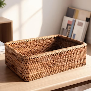 Rectangular Rattan Wicker Organizer for Cosmetic Storage Tea Snacks Toiletries Home Use Storage Basket