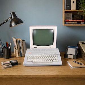 Könnte beinhalten: Ein klassischer Atari 130XE Heimcomputer mit hellgrauer Tastatur und integriertem Monitor. Das Gehäuse zeigt das Atari-Logo und den Modellnamen auf der Vorderseite. Er steht auf einem Schreibtisch aus Holz neben einer schwarzen Schreibtischlampe, einem Stiftehalter, Büchern, einem Notizblock mit Stift und mehreren Disketten.