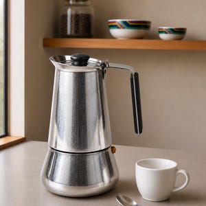 Cafeteira GB Guido Bergna Siesta de aço inoxidável para 6 xícaras. Itália, década de 1980.