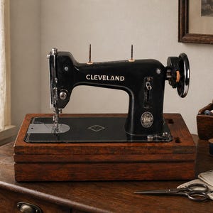 Pode incluir: Uma máquina de costura vintage preta com a palavra CLEVELAND impressa em branco na lateral. A máquina está montada sobre uma base de madeira retangular e possui um volante de metal, um conjunto de agulha e dois pinos de carretel verticais.