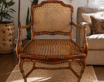 Vintage French Faux Bamboo Armchair with Vienna Straw Seat and Backrest