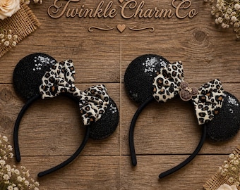 Leopard Print Minnie Ears Headband | Black Sequin Mouse Ears | Disney Inspired Headband | Animal Print Ears | Gift for Her