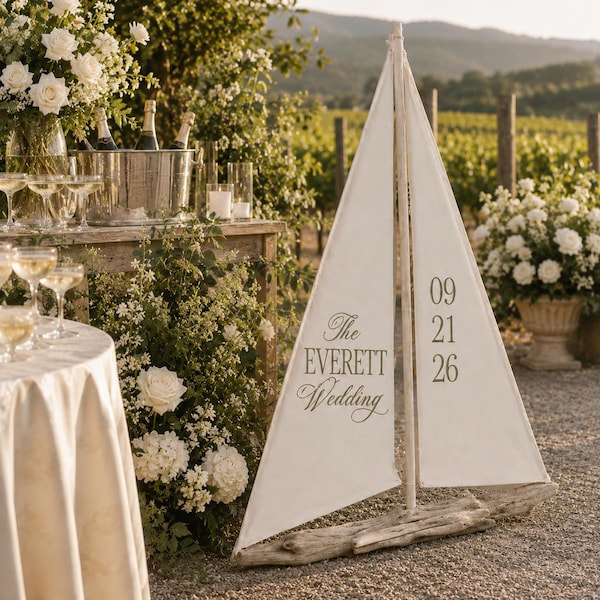 Personalisiertes Segelboot-Hochzeitsschild, individuelle Namens- und Datumsdekoration, maritimes Treibholz-Hochzeitsbanner, Foto-Requisite für die Küstenhochzeit