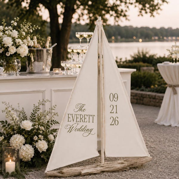 Personalisiertes Segelboot-Hochzeitsschild, individuelle Namens- und Datumsdekoration, maritimes Treibholz-Hochzeitsbanner, Foto-Requisite für die Küstenhochzeit