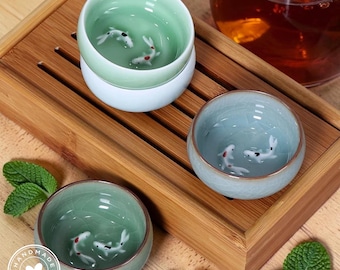 Handmade Celadon Ceramic Koi Fish Tea Cup, Crackle Glaze Sake Bowl, Zen Tea Ceremony