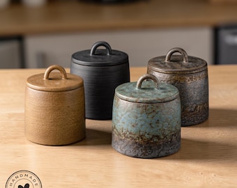 Handmade Japanese Ceramic Tea Canister, Wabi Sabi Storage Jar, Rustic Kitchen Decor