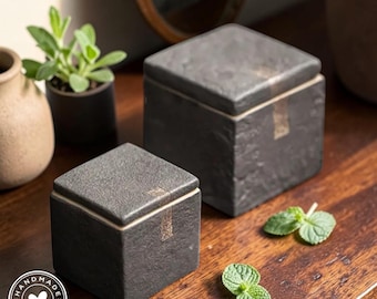 Wabi Sabi Ceramic Tea Caddy, Dark Ember Stone Texture Matcha Canister