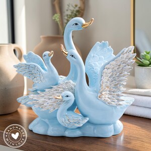 Ceramic Swan Family Figurine, Romantic Love Birds Decor, Elegant Home Accent
