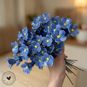 Handmade Blue Ceramic Flower Ornament, Floral Garden Decor, Artisan Pottery Accent